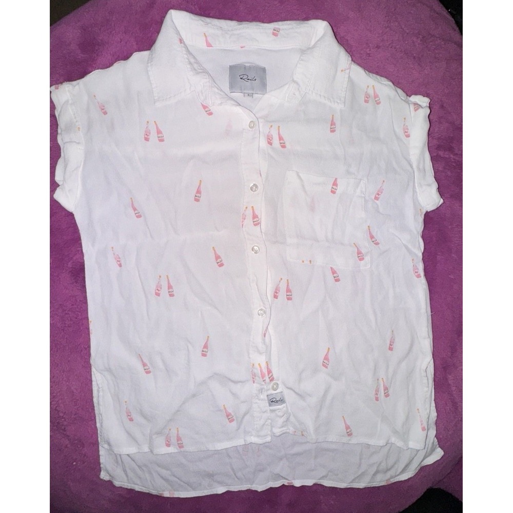 Rails Sleeveless White Pink Champagne Motif Blouse Small Button Top Pocket Cute